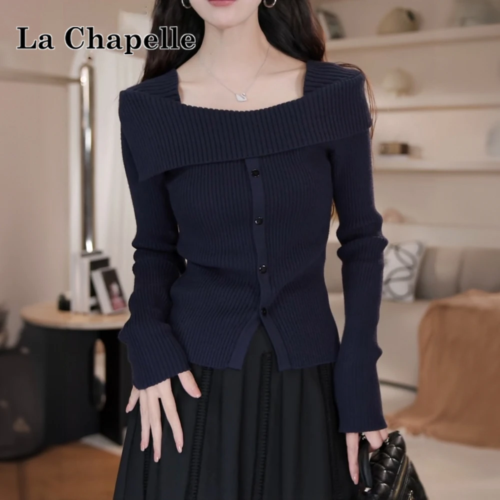 拉夏贝尔气质一字领针织衫显瘦修身长袖上衣秋冬韩系气质减龄毛衣