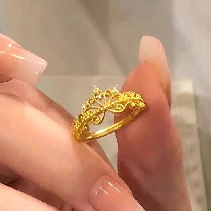 钛钢戒指 法式小碎钻皇冠戒指女开口可调节金色手工编织镂空蕾丝