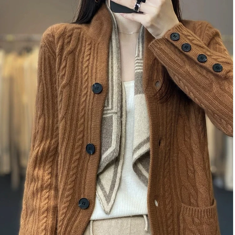 【100%纯羊毛】重工绞花复古风女开衫立领休闲百搭加厚外套SY237