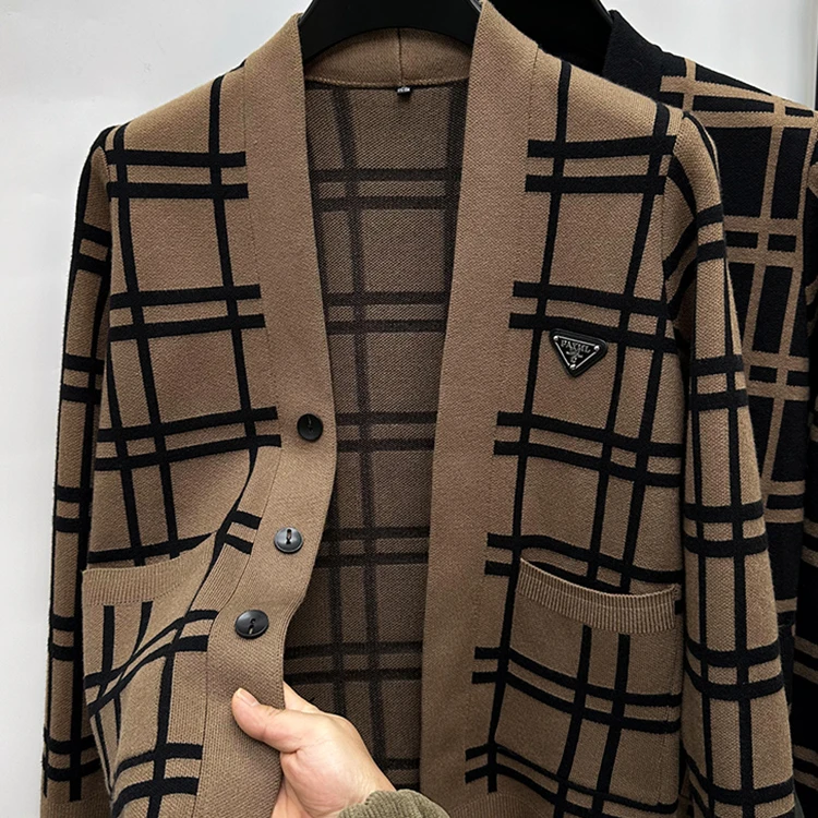 梵基弗奈格子提花毛衣开衫外套春秋男修身V领针织衫休闲外穿披肩