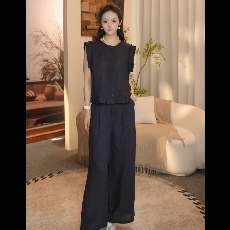 新款韩系休闲无袖上衣花边宽松阔腿套装