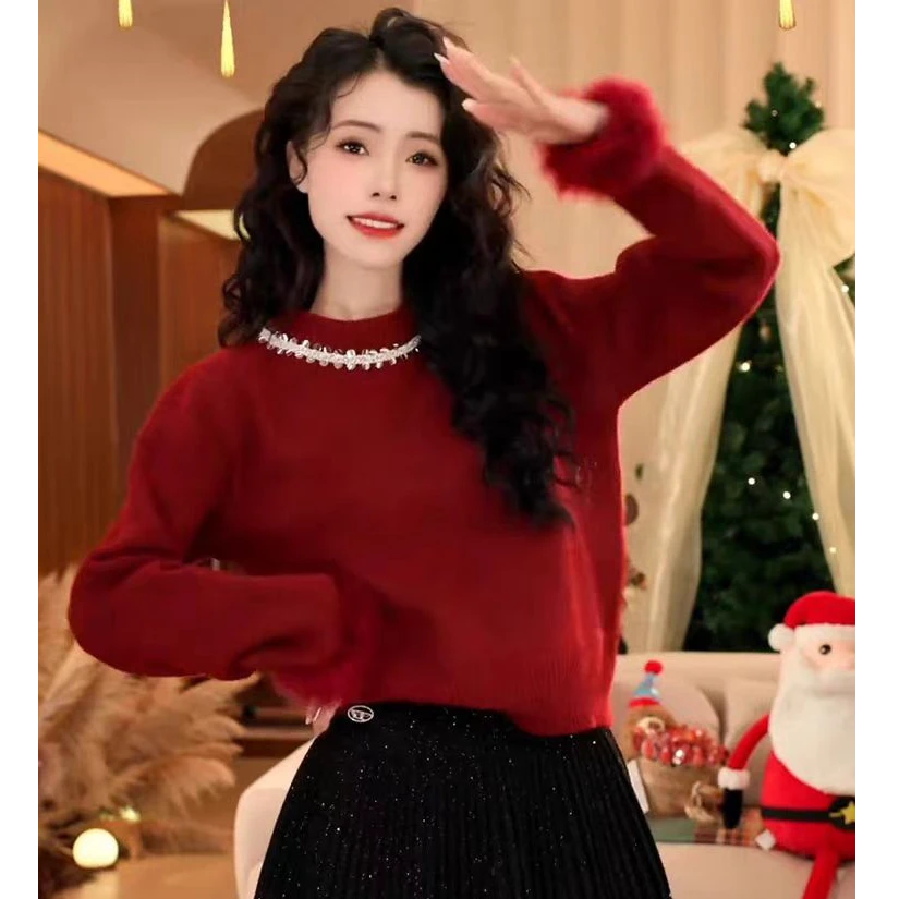 新年穿搭重工亮片红色毛衣女冬季2025新款慵懒加厚保暖宽松针织衫