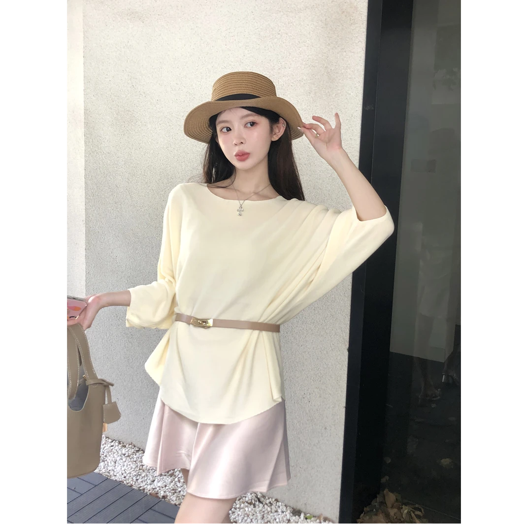 2025新品法式高品质高级圆领冰丝凉感老钱风宽松针织上衣(配腰带)