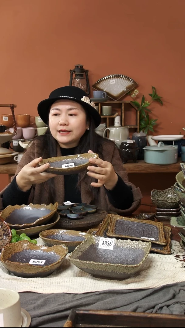 陶瓷A895 一只船型元宝碗粗陶复古深盘19*10*4.5微瑕