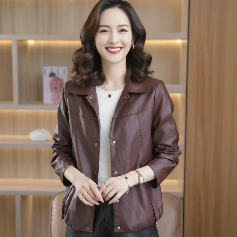 2025秋新款韩版休闲百搭海宁款软皮翻领皮衣外套