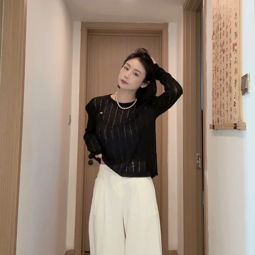 夏季设计感韩系时尚百搭圆领长袖针织衫宽松休闲镂空防晒上衣7751