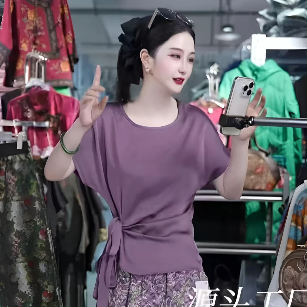 2025夏季新品女装上衣时尚靓丽洋气百搭显瘦减龄圆领绑带衬衫10