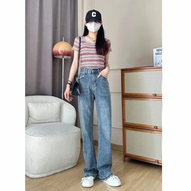 韩版设计感牛仔裤女宽松百搭阔腿长裤窄版年显瘦复古高腰直筒裤