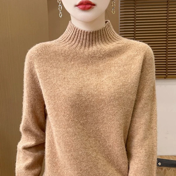 100%羊毛 7针加厚红色毛衣 王菲同款半高领毛衫宽松纯色