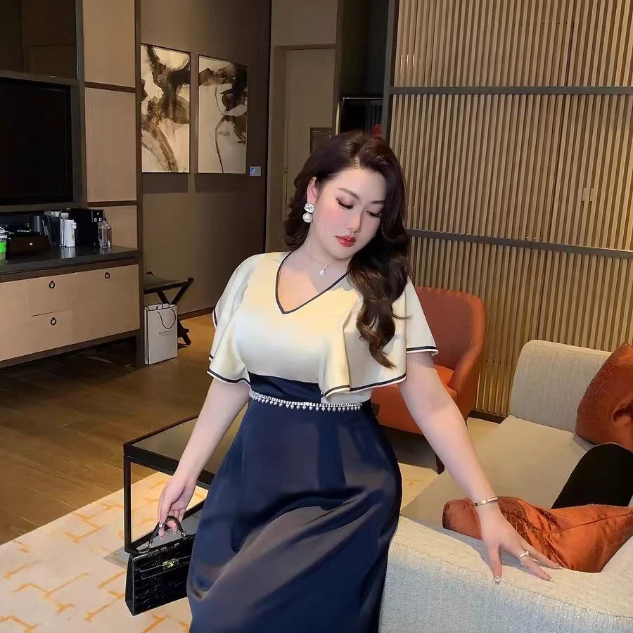 GLEC大码女装2025夏季新款法式复古珍珠装饰荷叶袖绸面胖mm连衣裙