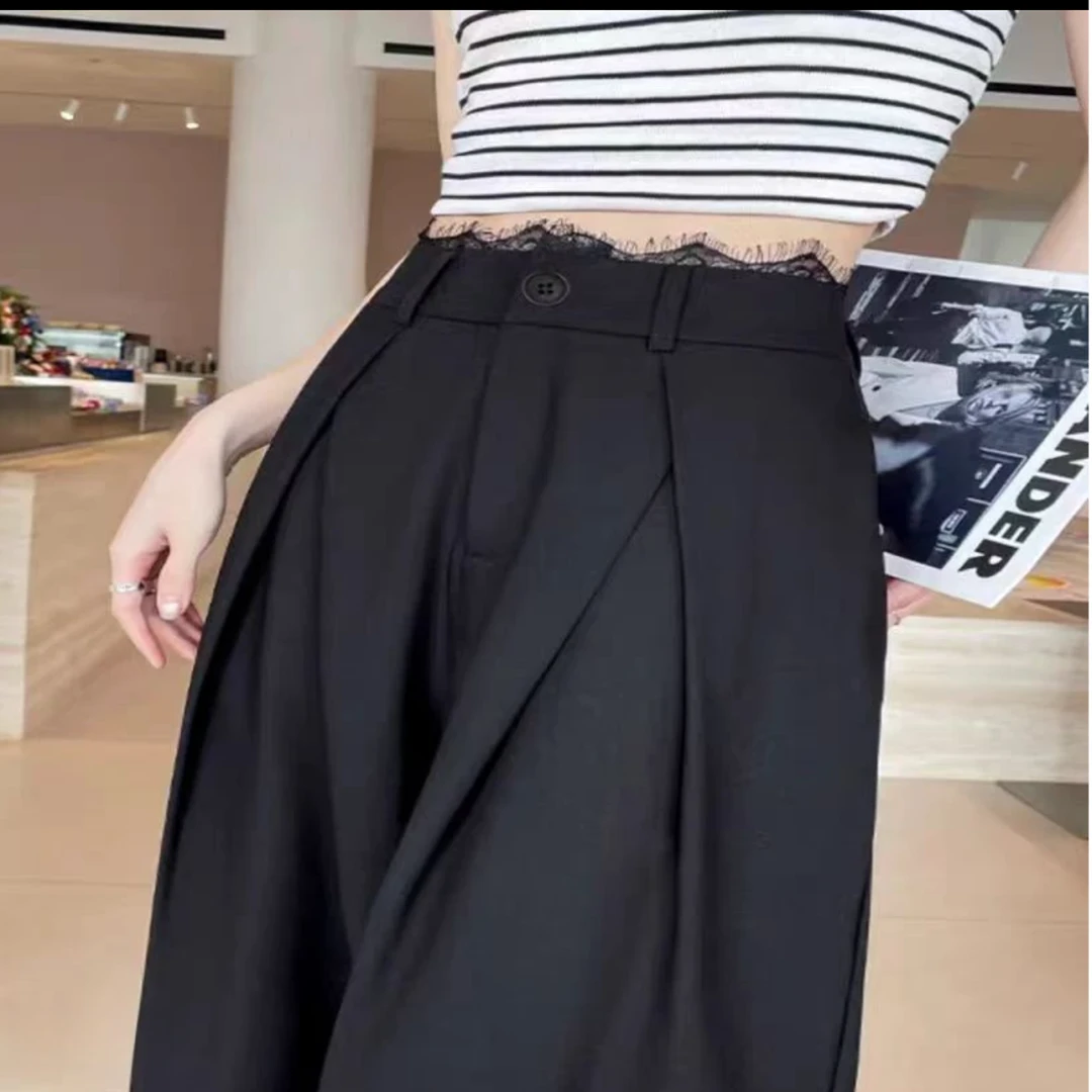 2025春秋新款蕾丝西装裤高腰直筒垂感休闲裤