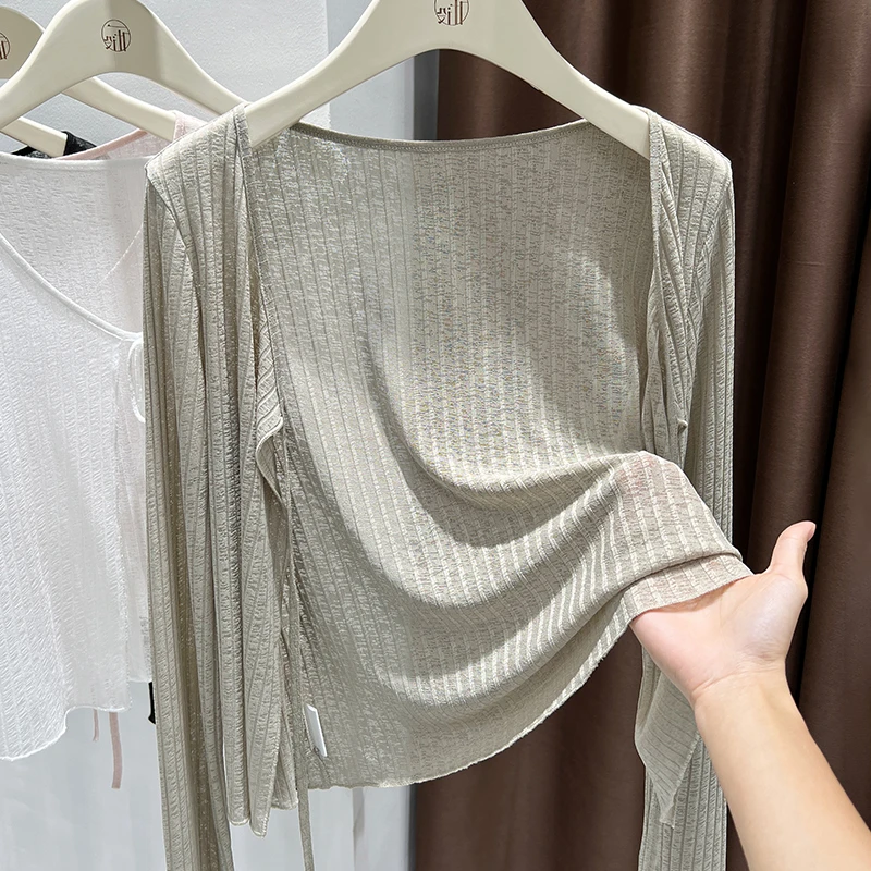 防晒冰丝针织系带开衫女夏新款薄款长袖罩衫配吊带裙外搭外套上衣