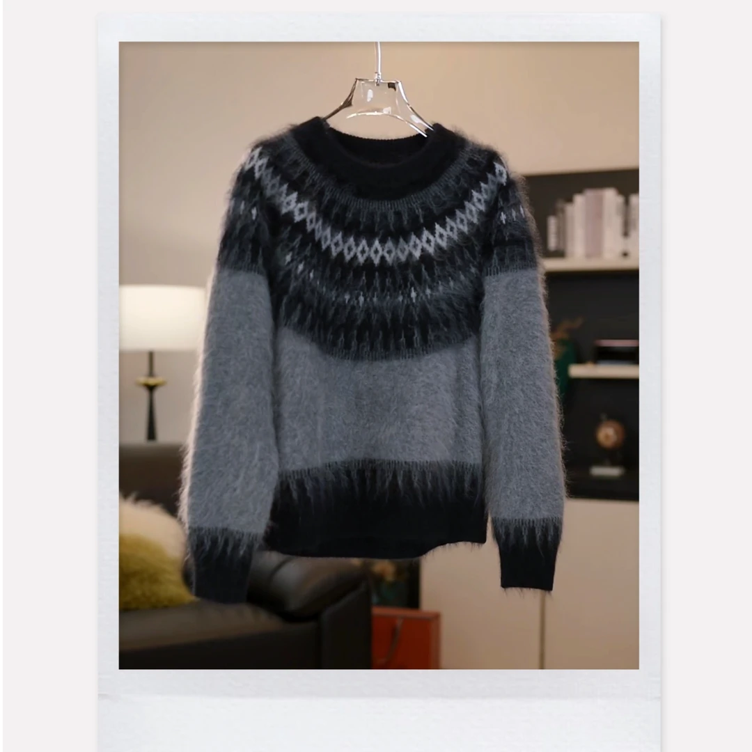 【费尔岛氛围】拉毛100绵羊毛拉绒费尔岛轻奢提花加厚套头针织衫