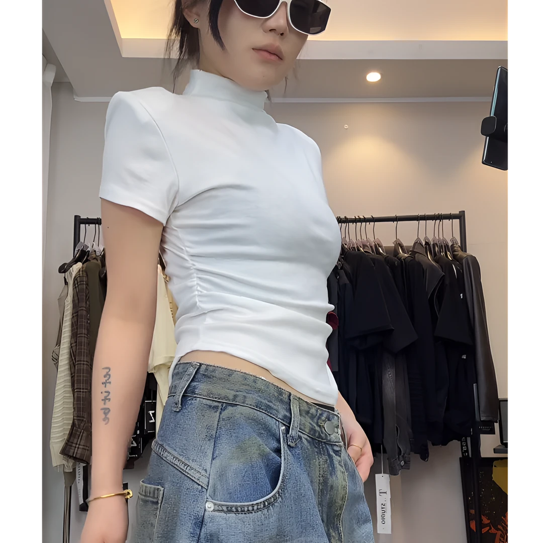 DAXIECHA｜辣妹风短款半领短袖褶皱T恤圆领显瘦百搭可露丽风#8566