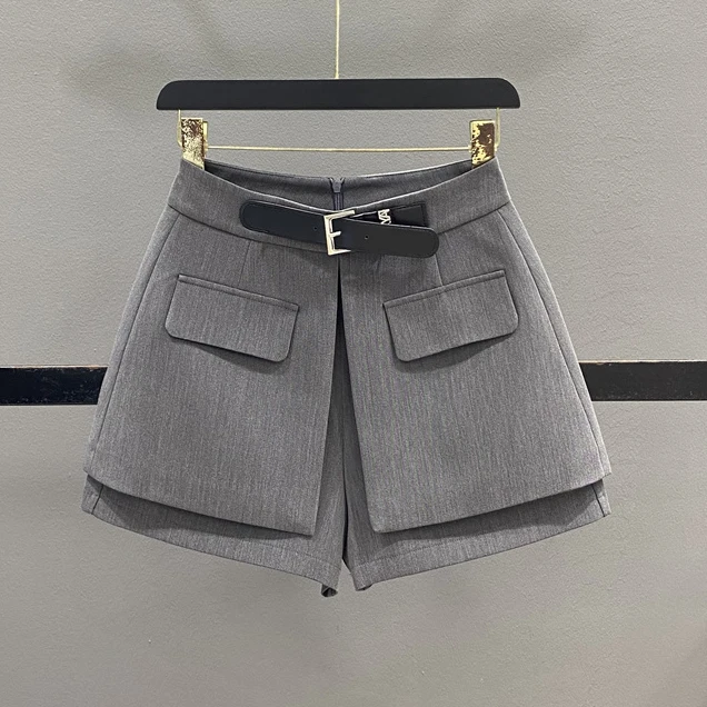 设计感皮扣高腰西装短裤女2025春季新款假两件裙裤A字休闲阔腿裤