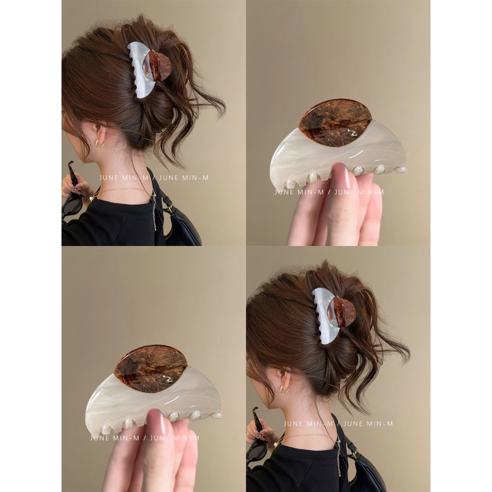 通勤显高级~轻奢风拼接醋酸抓夹中号鲨鱼夹木纹复古法式发夹