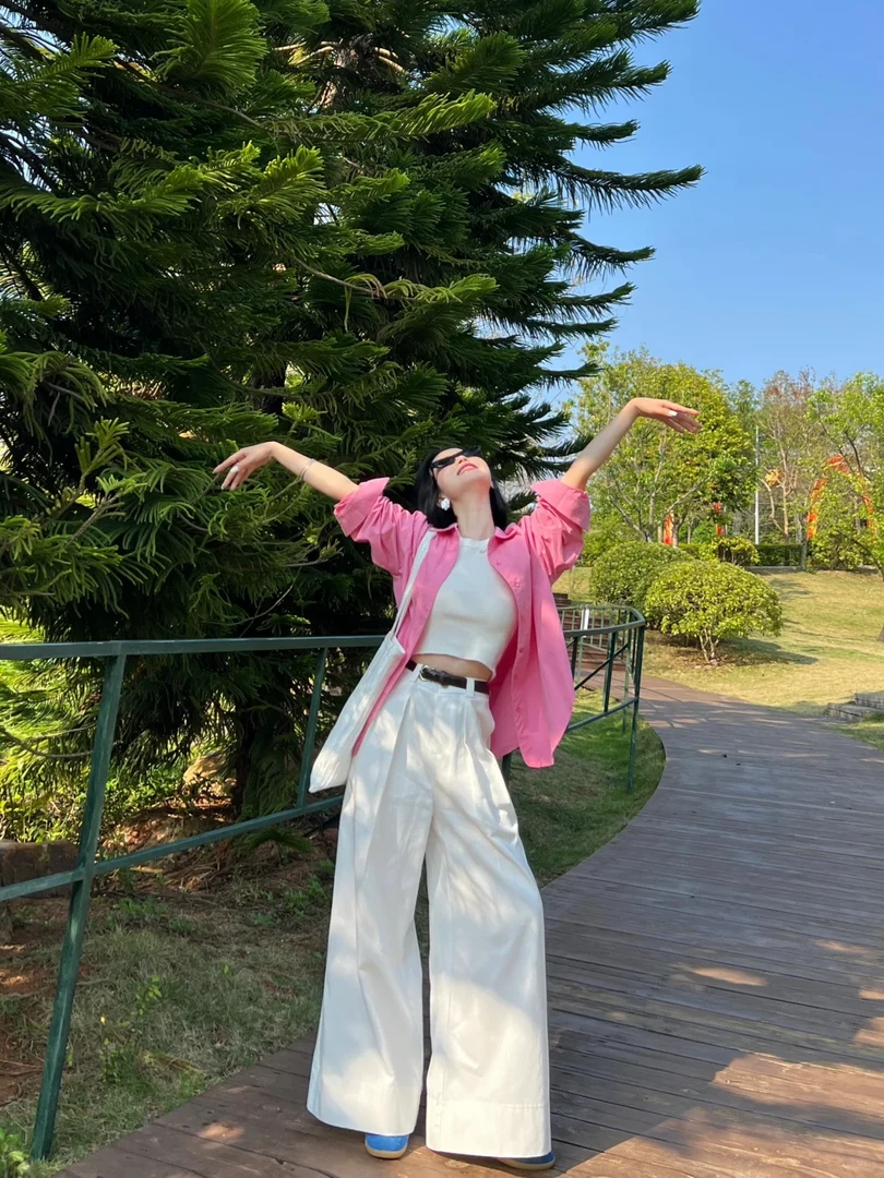 2025春季新款韩系穿搭高级感粉色衬衫上衣搭配阔腿裤显瘦两件套装