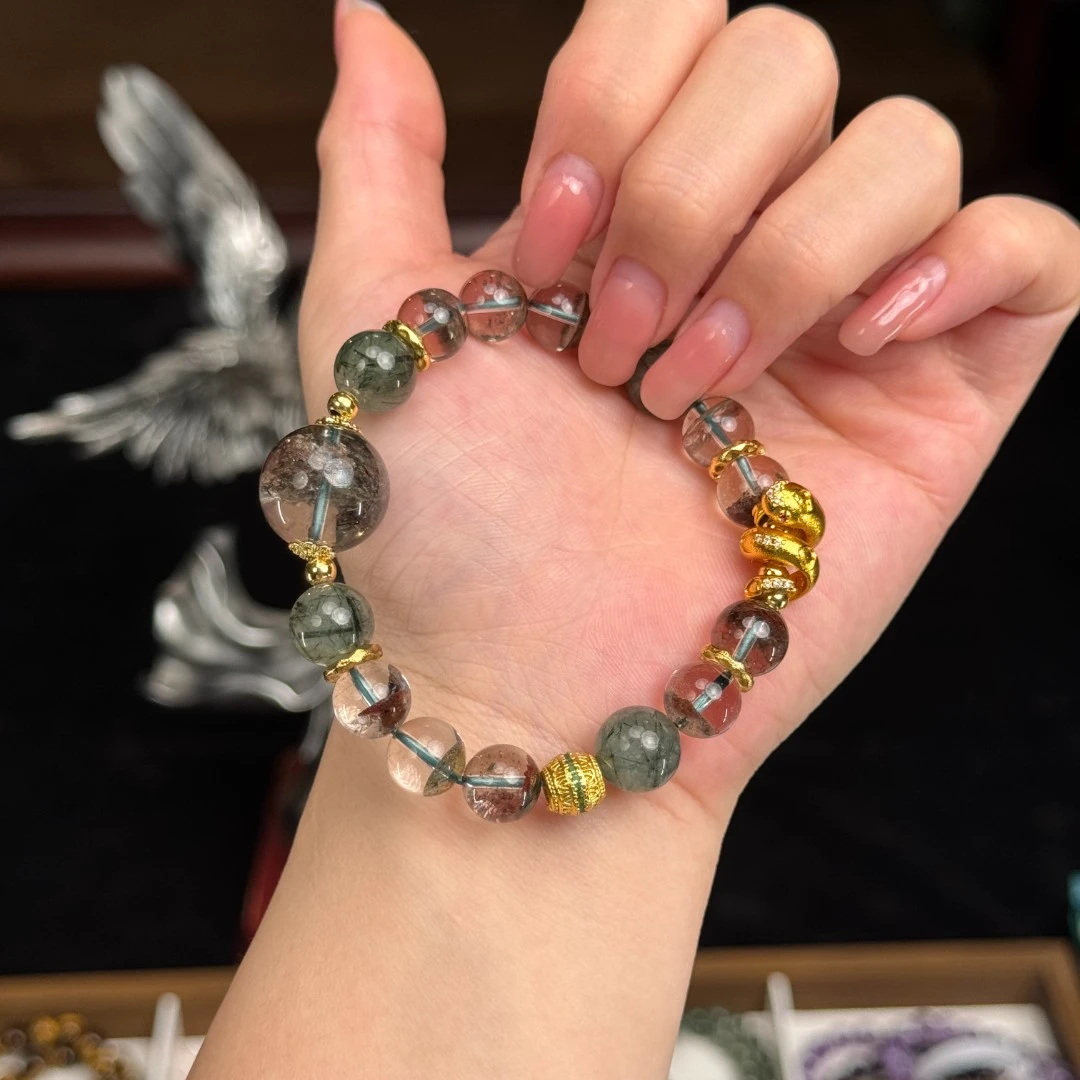 蛇年限定-蛇来运转（大金蛇）绿幽灵+绿发晶   天然水晶手链/手串
