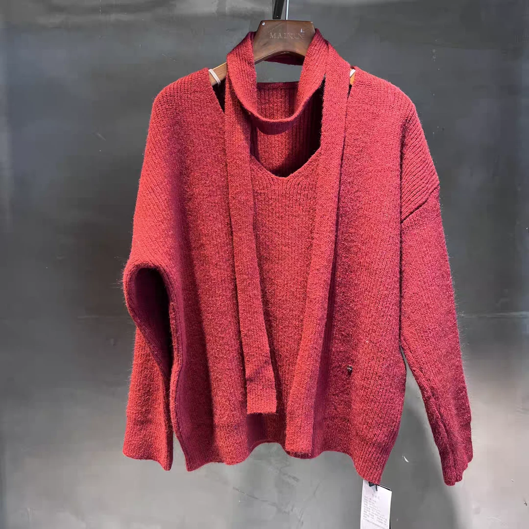 麦寻MYTLQ012新冬款2024【专柜正品】V领飘带纯色宽松针织毛衣女