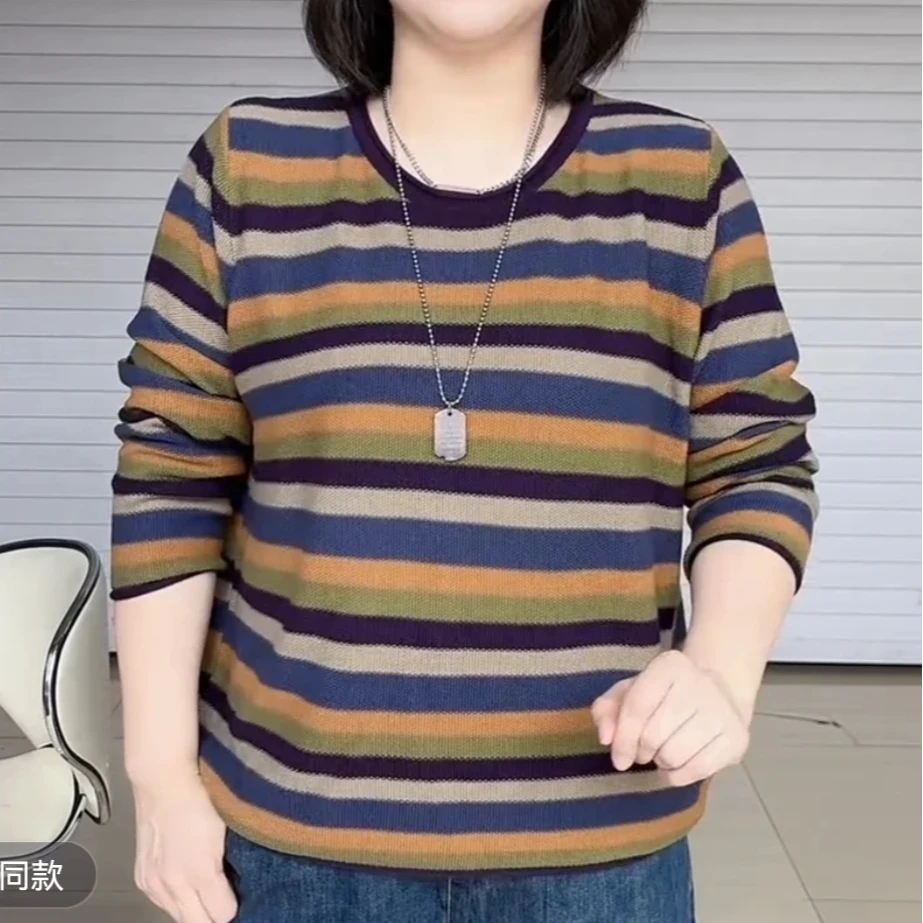 休闲时尚中年女士条纹针织上衣春秋薄款宽松显瘦圆领套头拼色打底