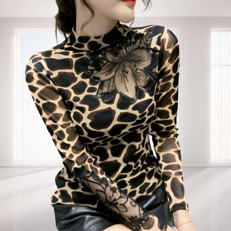 秋冬性感网纱长袖上衣女时髦洋气内搭蕾丝打底衫修身显瘦豹纹纱衣