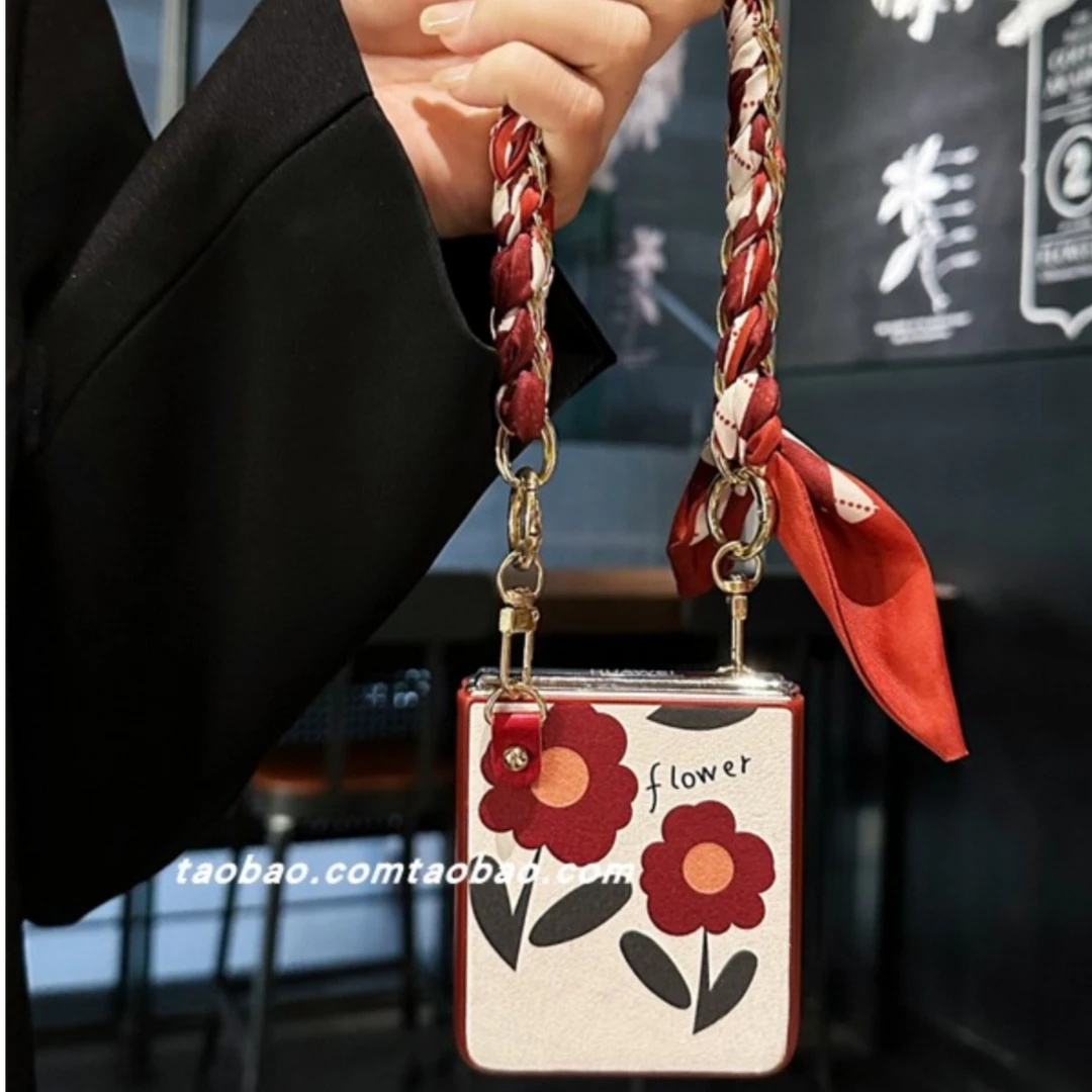 新年红丝巾皮纹花朵适用华为pocket 2折叠屏手机壳斜挎挂绳p50