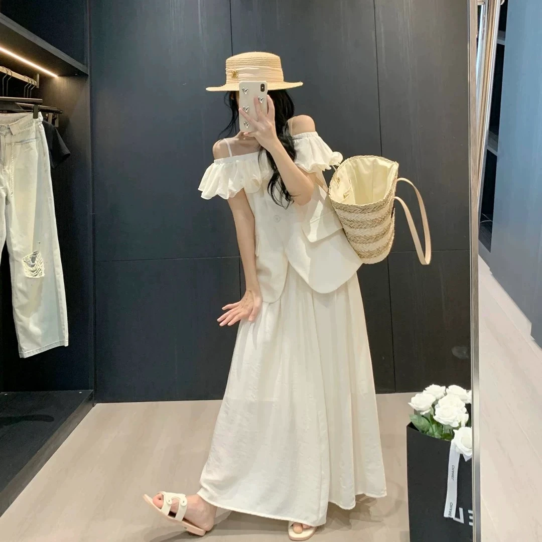 【嘎嘎.推荐】法式高级感吊带一字肩荷叶边短袖西服+半身裙两件套