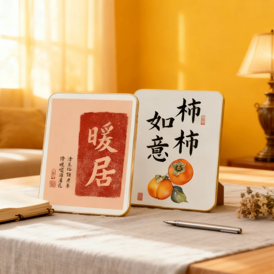 【两幅】19*24cm平安喜乐柿柿如意桌面摆件装饰品高级小众感摆台柜
