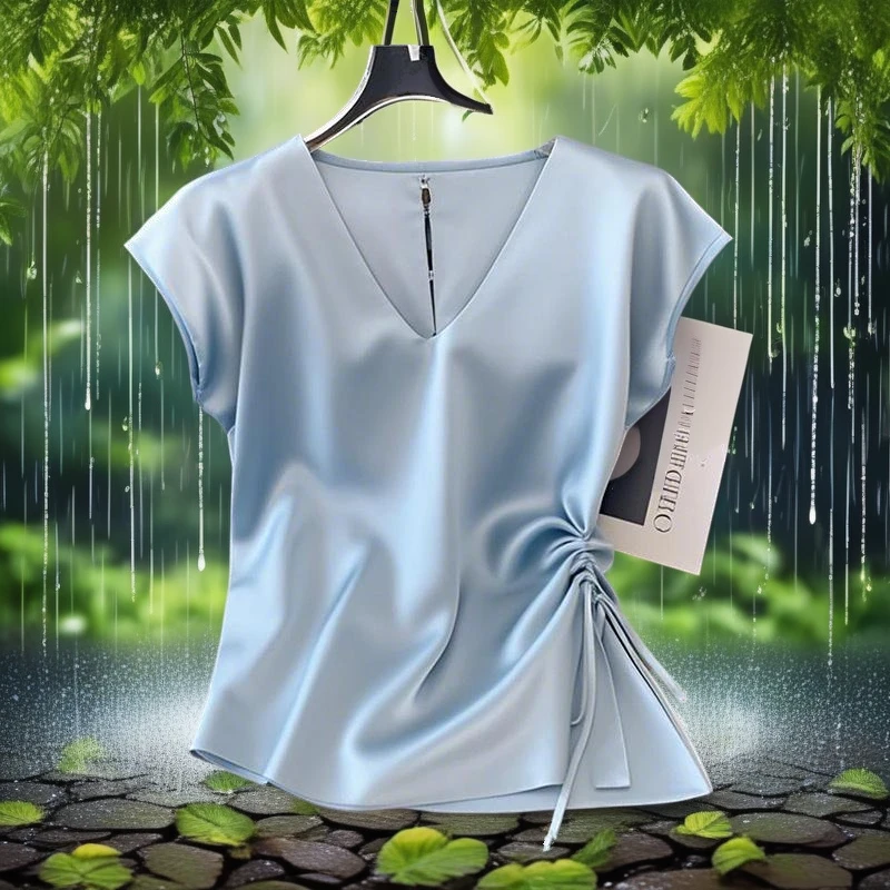 独特超好看蓝色系带收腰短袖t恤女新款百搭褶皱衬衫缎面V领上衣薄