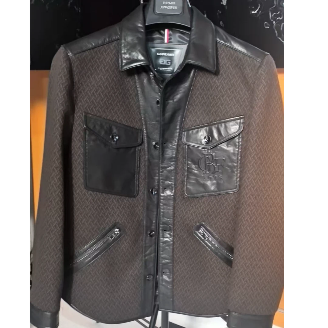 男士皮拼布编织纹休闲衬衫2872