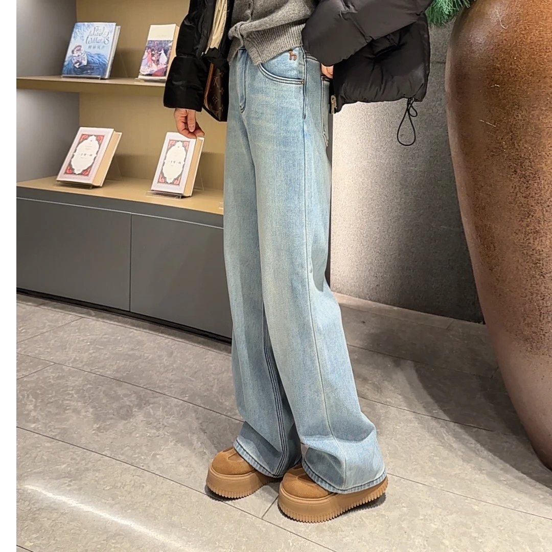 妮子严选冬季新款浅色加绒加厚显瘦显高牛仔阔腿裤35357