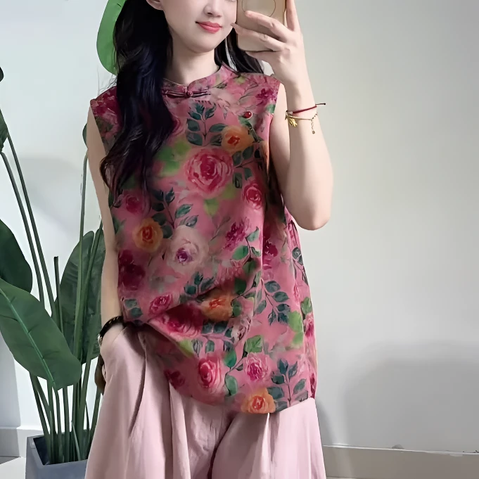 新中式碎花圆领无袖衬衫文艺中式宽松印花夏季复古时尚提花马甲