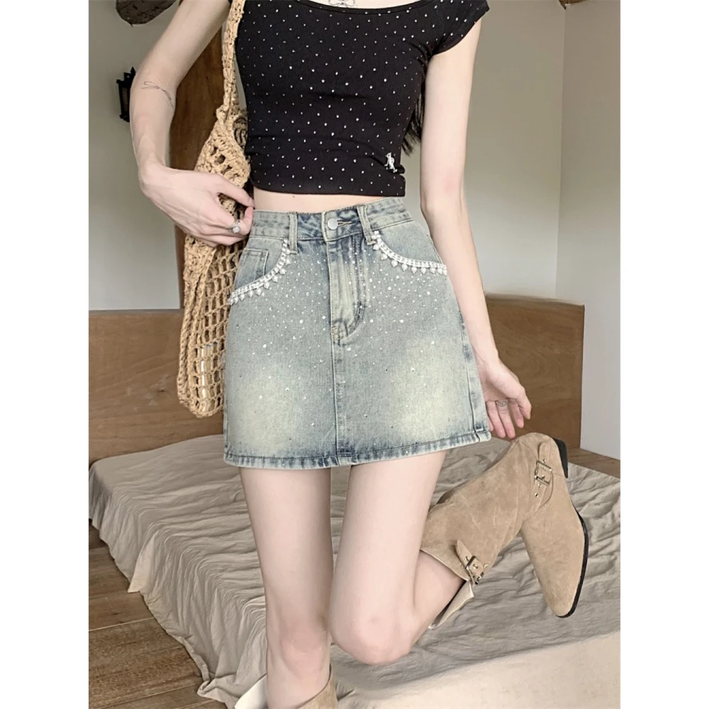 大码美式复古半身裙女春季高腰显瘦重工钉珠烫钻牛仔包臀a字短裙
