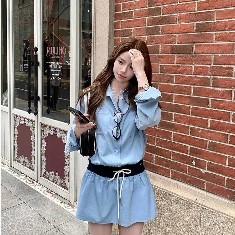 里斯本慵懒风蓝色长袖衬衫连衣裙女抽绳设计感短裙
