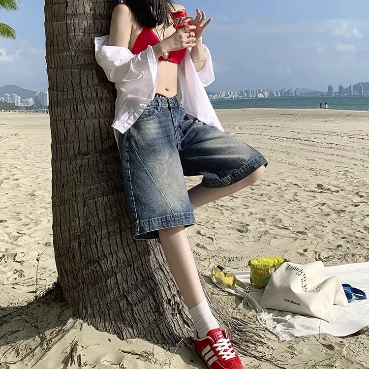 【钰哥专属】美式复古牛仔五分裤女高腰显瘦宽松阔腿裤中裤4558