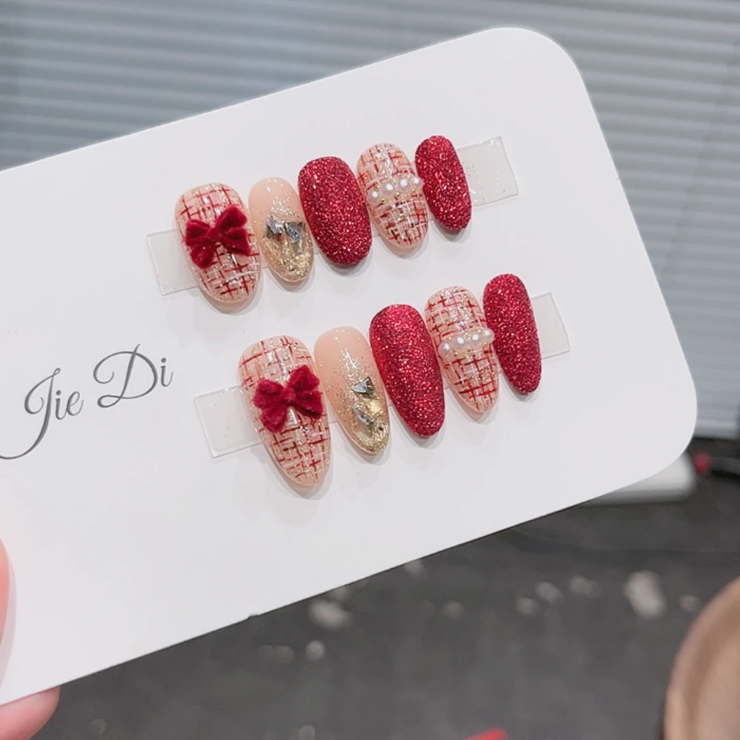 【奢香】姐弟纯手工穿戴美甲手绘小香风红色蝴蝶结新年重工穿戴甲