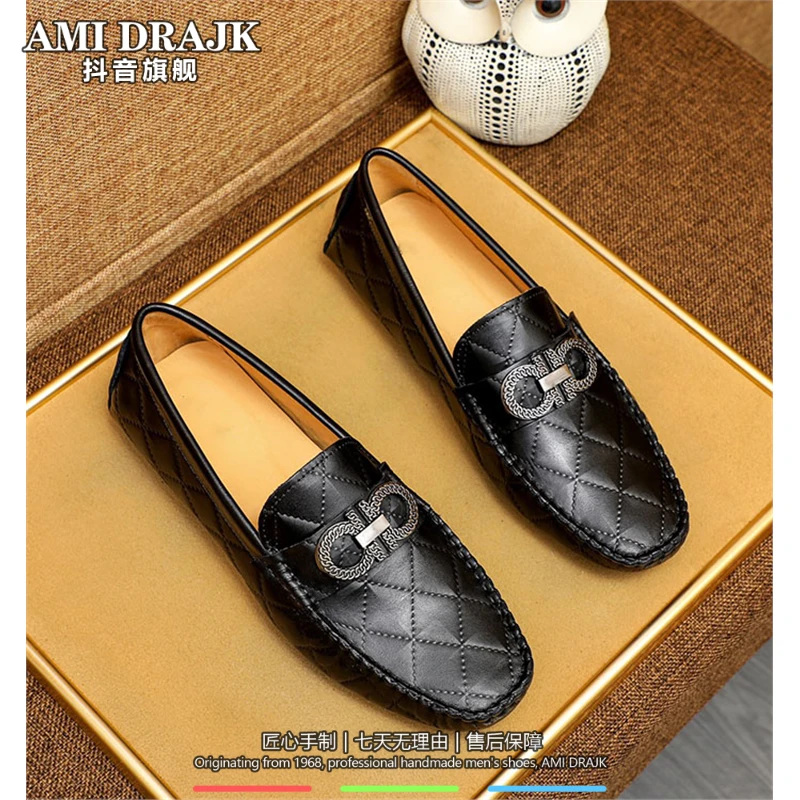 AMI DRAJK秋冬豆豆鞋男25秋季新款真皮一脚蹬压花休闲皮鞋英伦百
