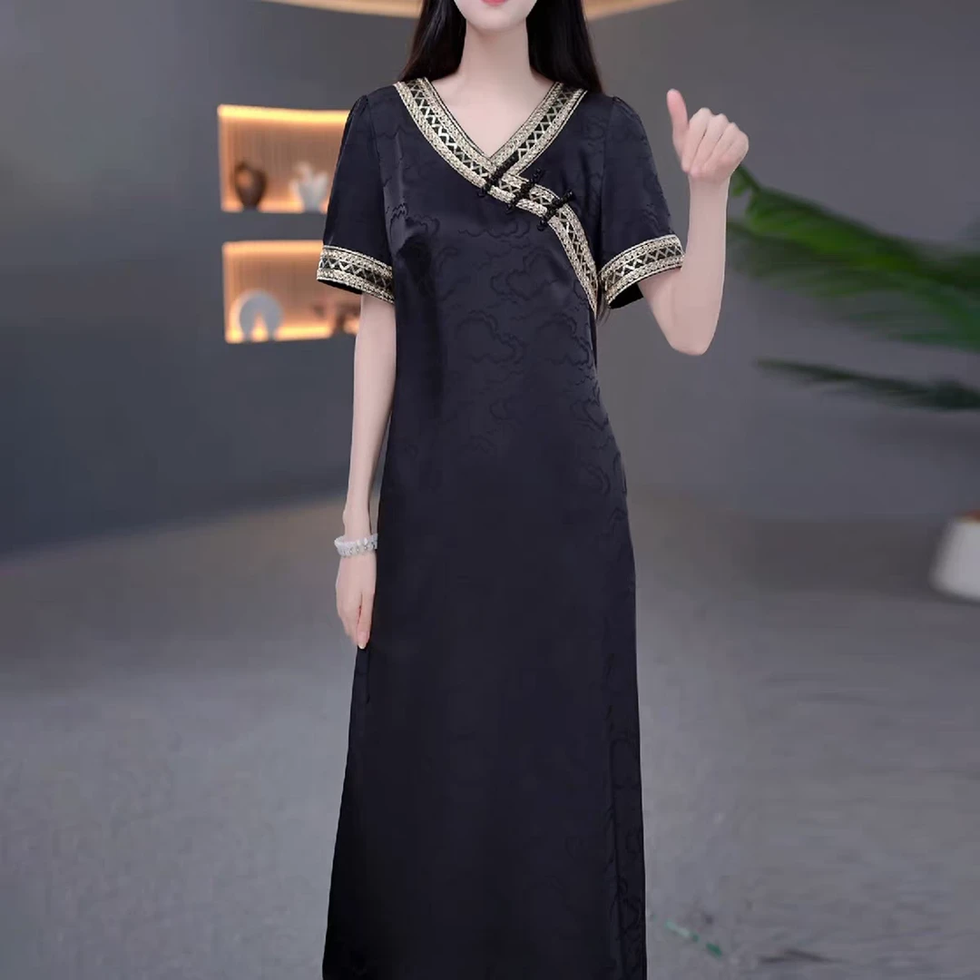 洋气减龄花萝缎时尚收腰显瘦裙子2025显瘦短袖连衣裙夏季新款遮肉