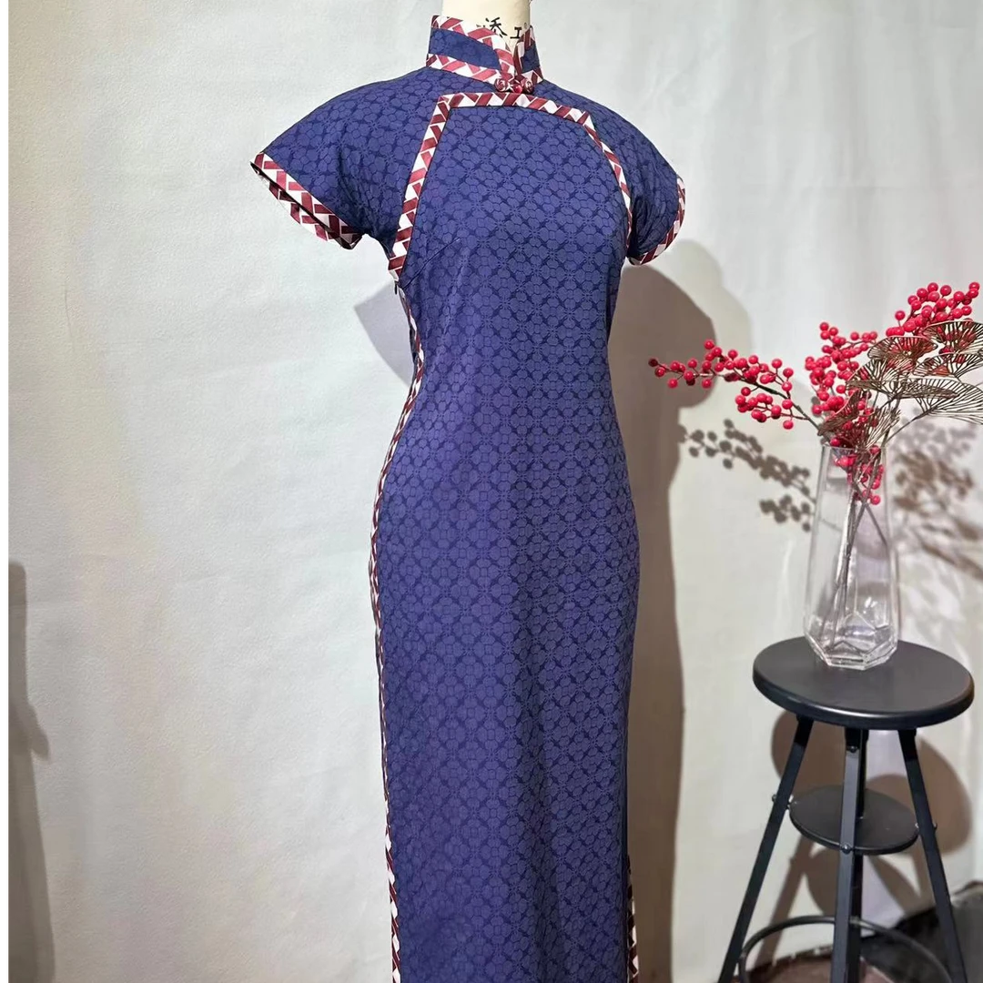 蓝色旗袍定制新中式复古礼服式长款古法平裁港工修身连衣裙