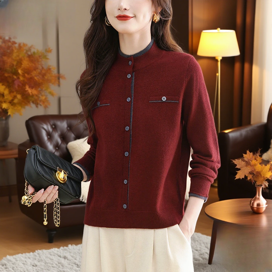 专柜同款立领针织打底衫女羊毛春秋冬新款假两件洋气妈妈毛衣