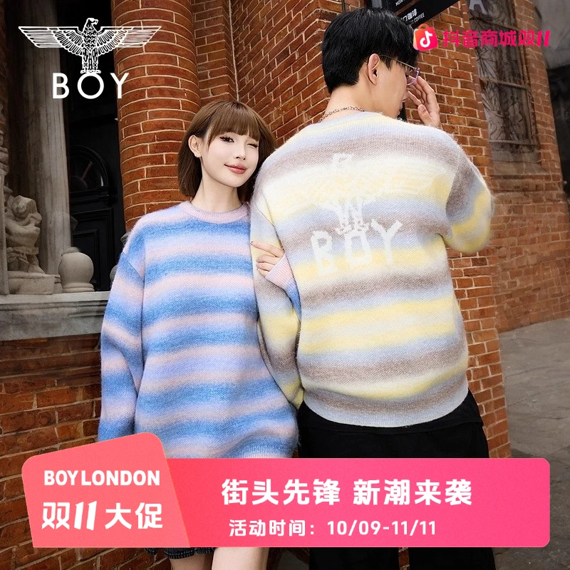 BOYLONDON秋冬条纹撞色休闲琥珀流光情侣圆领套头针织毛衣N60900