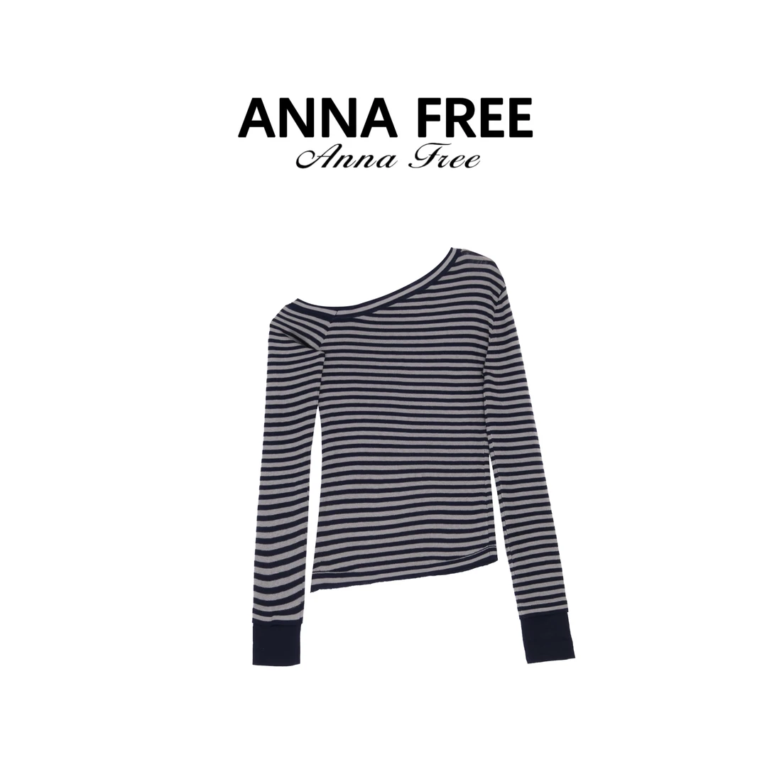ANNA FREE 时尚斜领针织薄款常规打底衫百搭条纹Z8555