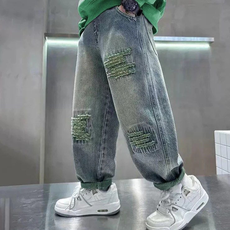 现货中大童炸街潮流洋气韩版宽松百搭牛仔裤00105