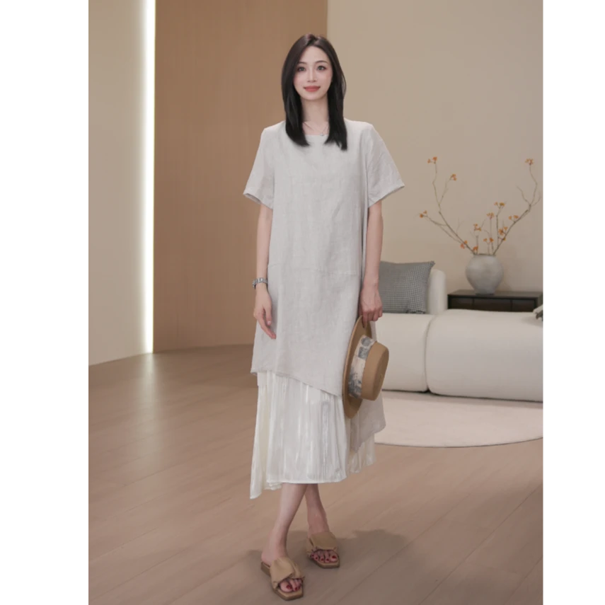 夏季连衣裙网纱拼接设计感休闲长裙宽松简约风显瘦M256