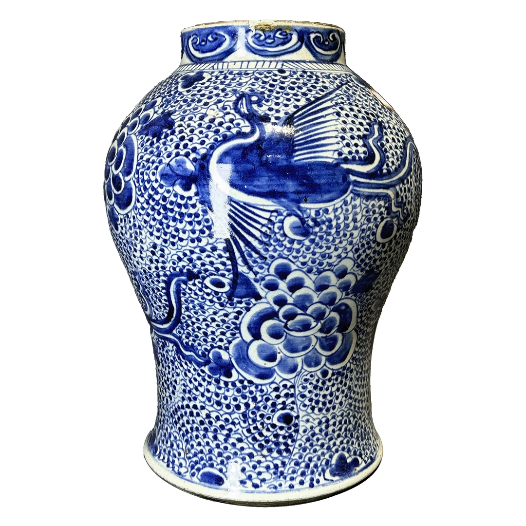 25027952x青花凤穿牡丹纹将军罐