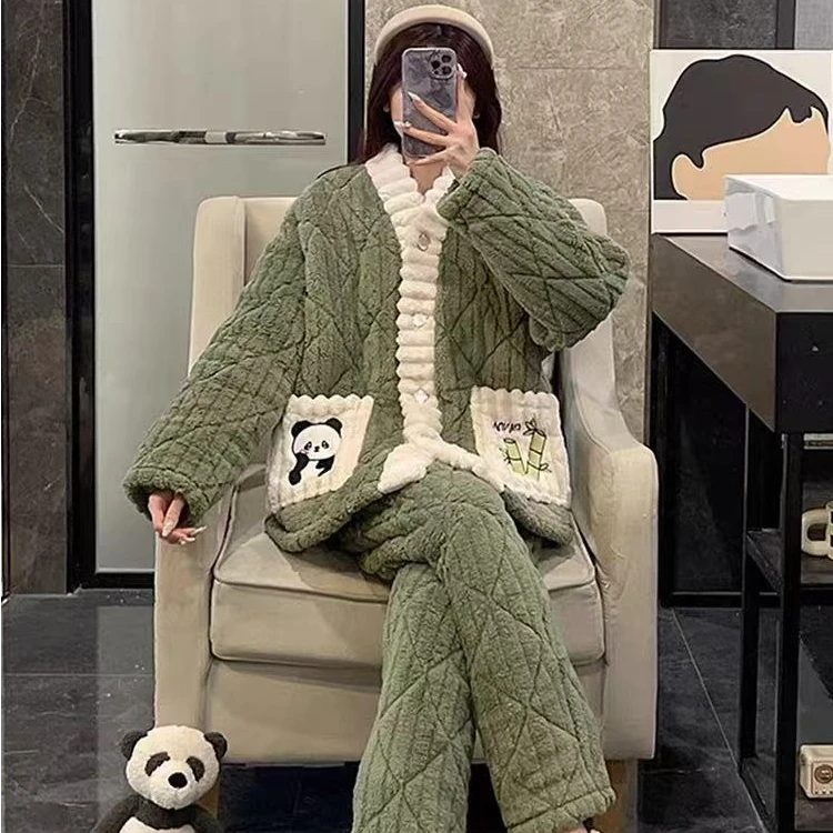 熊猫 三层夹棉加厚加绒冬款女士睡衣家居服套装珊瑚绒法兰绒