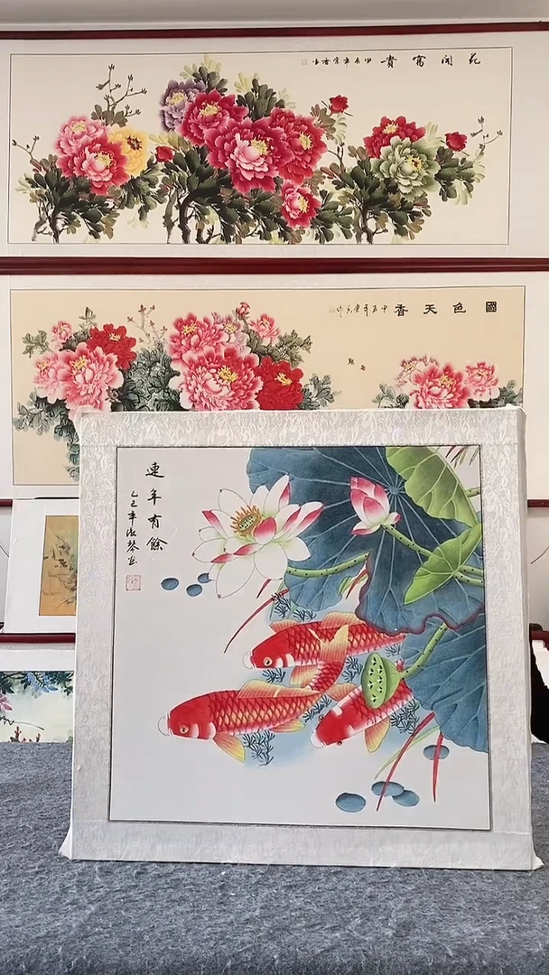 国画实木画框纯手绘国画65*65带框装饰画