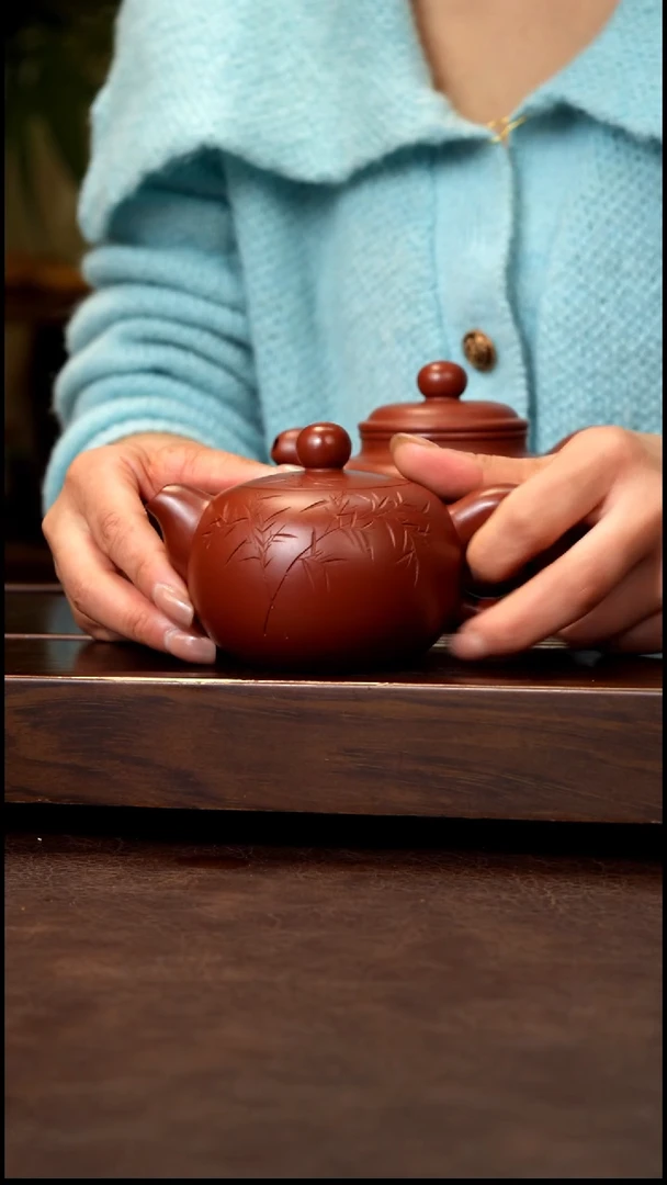 茶壶紫砂朱泥刻竹道洪200cc左右