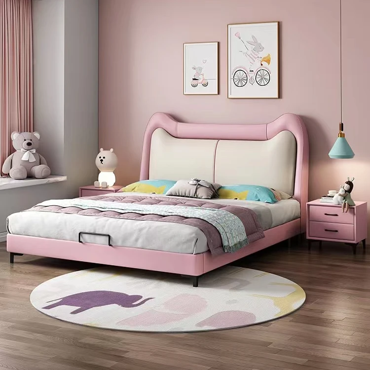 现代简约真皮艺床意式轻奢双人真皮床软包实木床女孩房#802童床