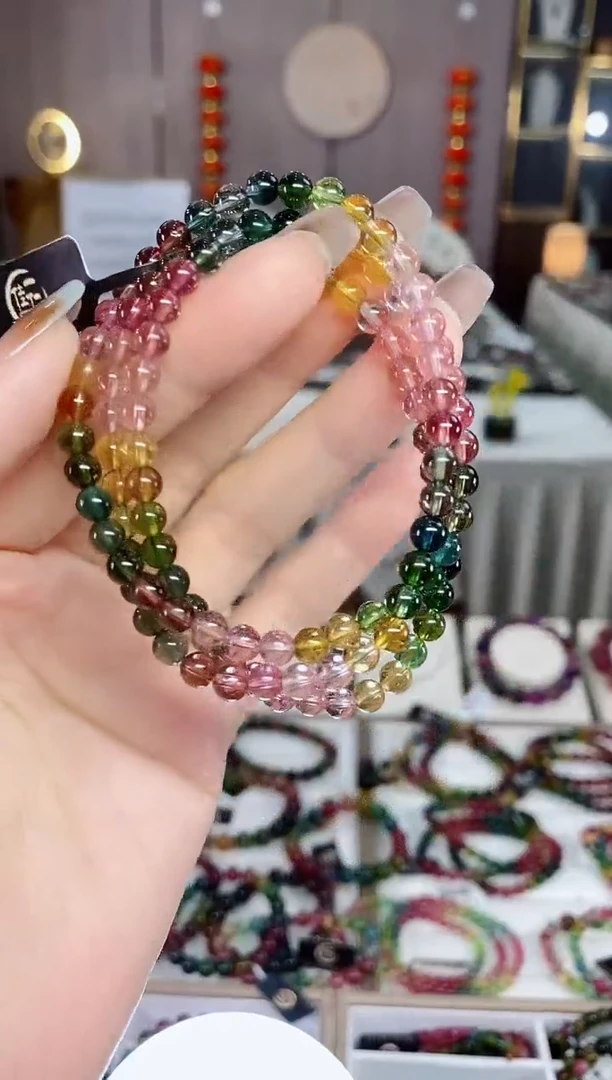 老矿碧玺色标彩虹净体三圈手串5mm+未镶嵌碧玺dan多样性发货一条
